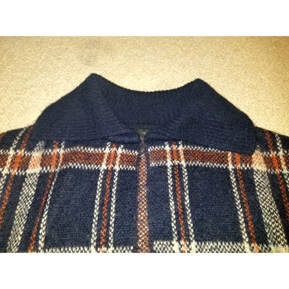 Womens Sweater-TAHARI-navy/orange/wht plaid wool open duster/cardigan Heritage-L